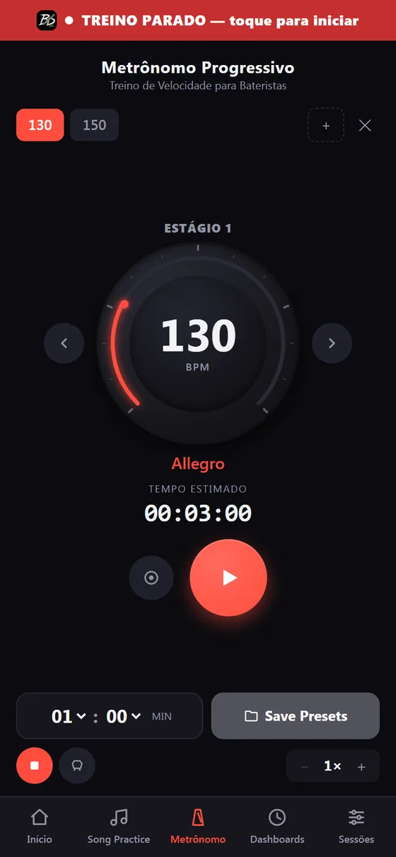 Metrônomo progressivo com 130 BPM