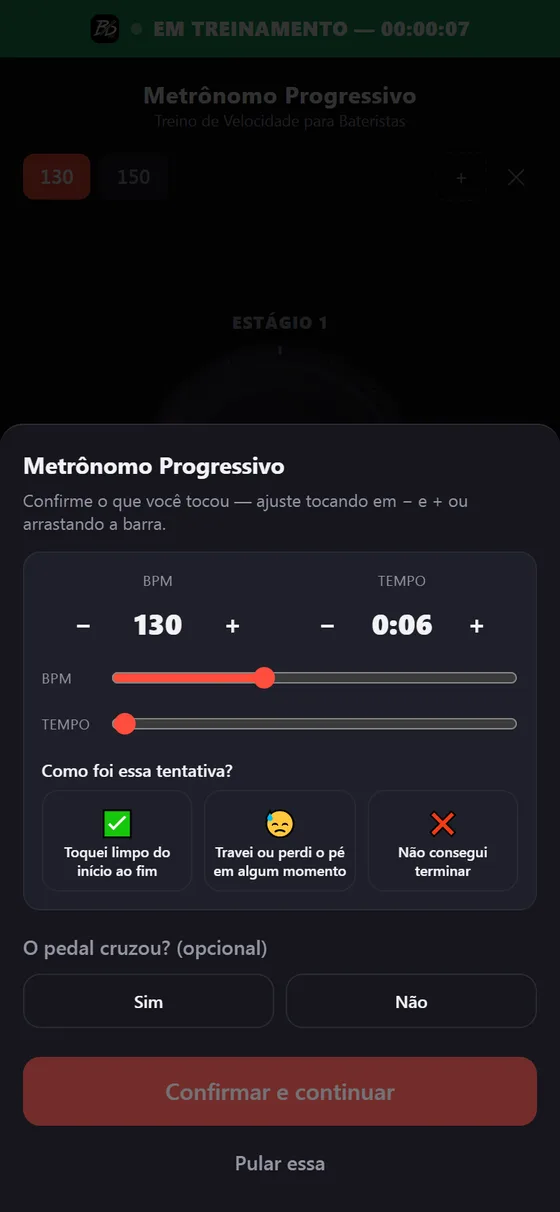 Tela de confirmação do treino com BPM, tempo e resultado